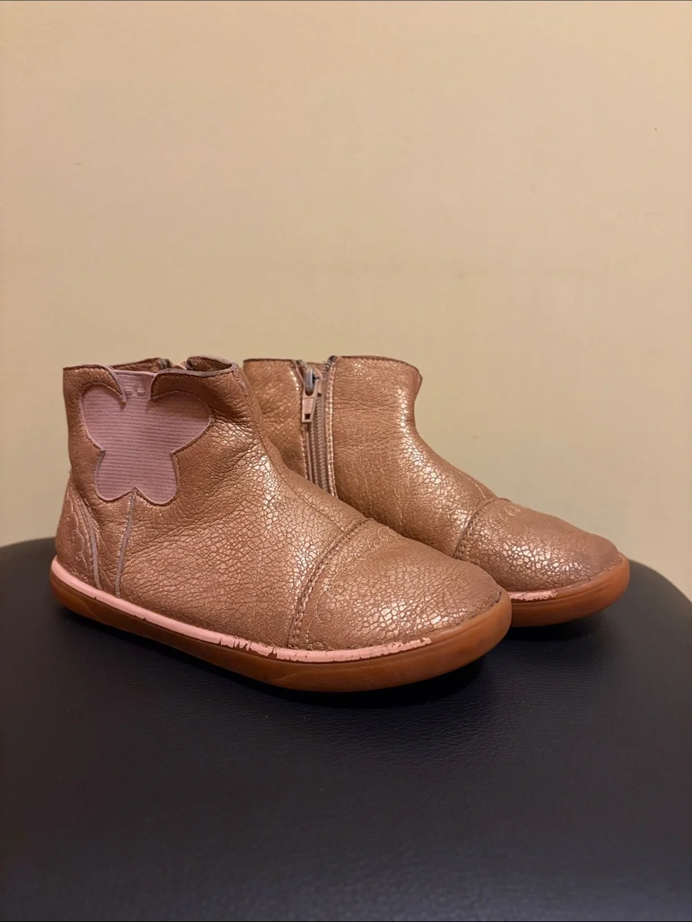 Livie & Luca Metallic Tan Ankle Boots with Pink Butterfly Accent